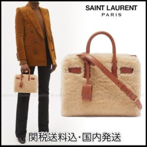 Saint Laurent SAC DE JOUR Fur Lambskin 2WAY Bi-color Plain Elegant Style Crossbody
